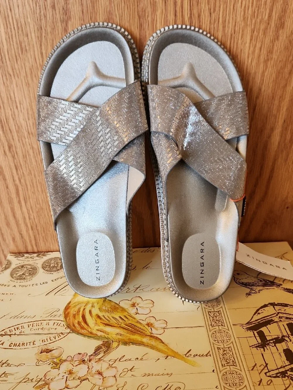 Women's Metallic Silver Cross-Strap Slide Sandals
